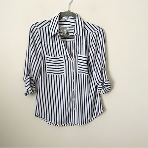 NWT Express Blue/White Striped Slim Fit Portofino Button Front Too